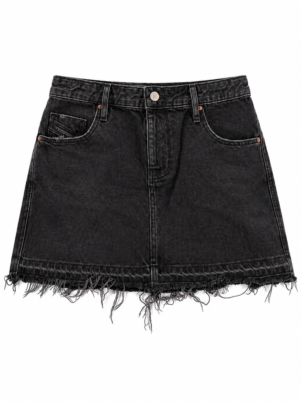 Diesel Black Denim A-Line Frayed-Hem Skirt
